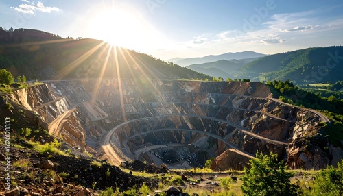 Open-Pit Mine At Sunrise With Sunbeams