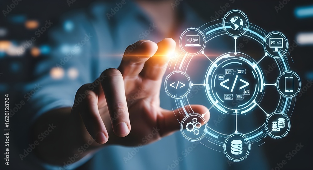 Fototapeta premium Hand Interacting with Futuristic Web Development Interface