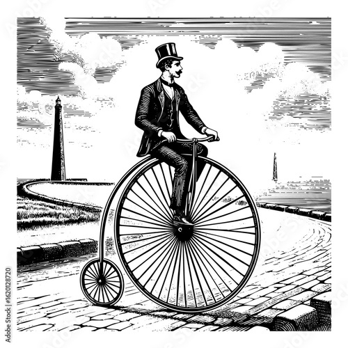 Gentleman riding penny farthing bicycle sketch engraving black and white outline. Scratch board imitation.  illustrated in vintage line art style on a white background.
