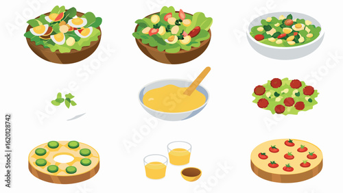 Illustration of various salads with eggs and tomatoes, dressings and bread with toppings on white background