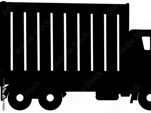 A two-dimensional, black and white outline of a container truck from the side. The container has vertical lines dividing its body into equal segments. The wheels and cab follow a simple, uniform shape