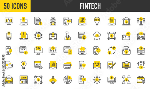 50 Fintech icons. Such as Register, Api, Digital Signature, Documentation, Bank, Mining, Saas, Crowfunding, Big Data, Idea, Exchange, Balance, Password, Startup vector stroke illustration.	
