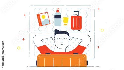 Man relaxing on suitcase dreaming of travel with luggage and vacation items above his head in a frame