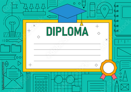 Graduate objects with university or college degree diploma. Success high school education concept. Vector hand drawn illustration with graduation caps, certificate and books stack