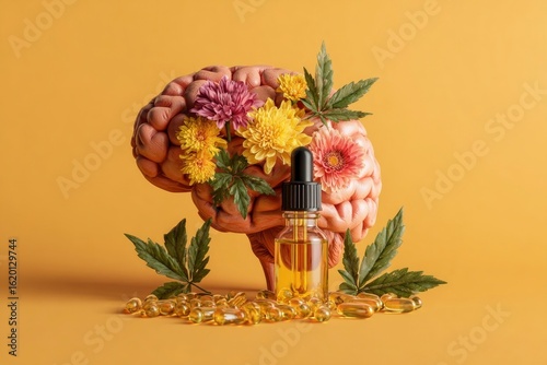 Brain with flowers  oil omega 3 capsules