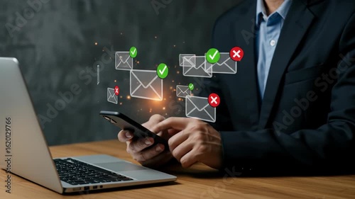 Businessman Managing Email Overload: Efficiently Processing Messages on Phone with Laptop Nearby, Prioritizing Communications & Tackling Inbox Congestion