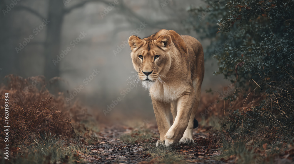 Fototapeta premium Majestic lioness walks through a misty forest with intense gaze