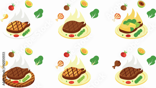 Illustration of grilled steak dishes served with various accompaniments and garnishes on white background