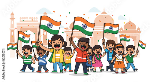A diverse group of children joyfully wave Indian flags, celebrating Independence Day with smiles and confetti against a backdrop of iconic Indian architecture.