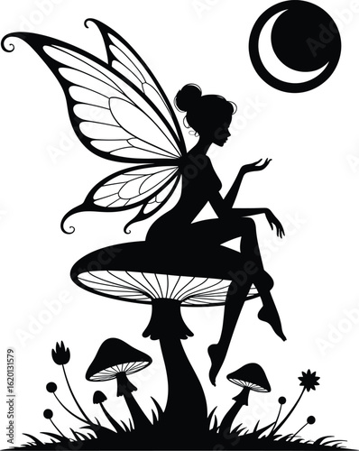 Silhouette of a fairy sitting on a mushroom with crescent moon and flowers vector illustration