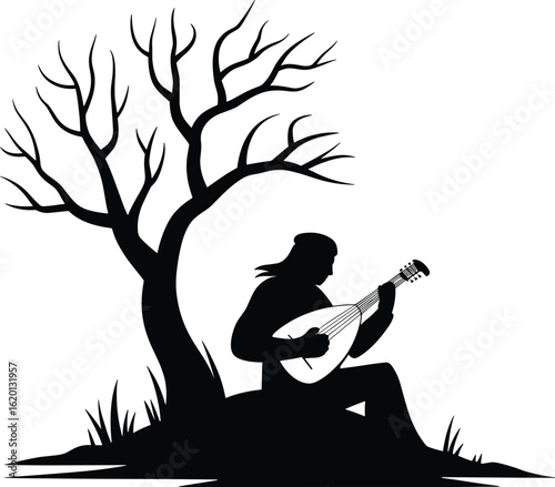 Silhouette of a Person Playing a Lute Under a Tree musician
