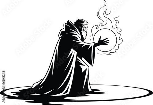 Wizard casting a spell with a glowing orb and fire effects mage sorcerer