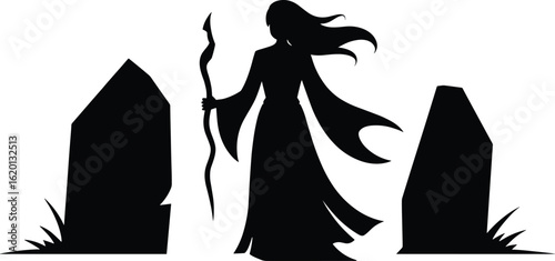Woman with staff between two standing stones in silhouette megaliths