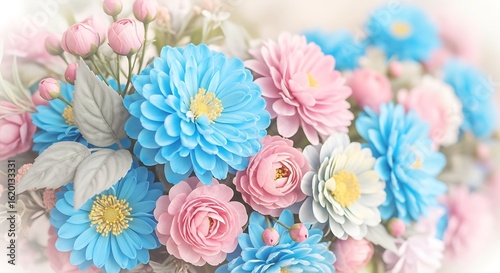 Beautiful bouquet of pastel colored flowers blue pink and white for decorative use in design and print with delicate petals and vibrant colors