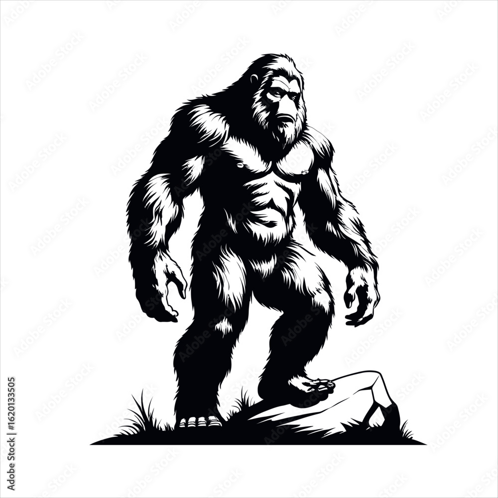 Fototapeta premium A black and white drawing of a large hairy Bigfoot