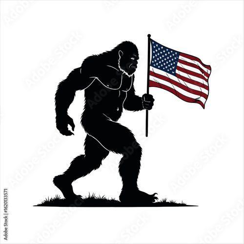 A bold illustration of a formidable Bigfoot figure proudly carrying the American flag, a symbol of national pride and patriotism.