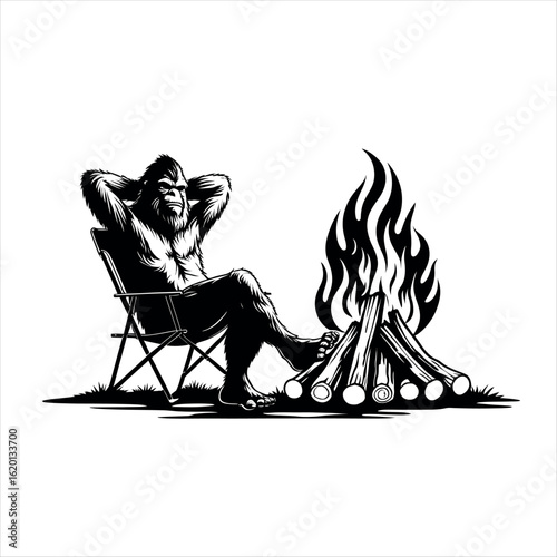 A Bigfoot sitting in a chair next to a campfire