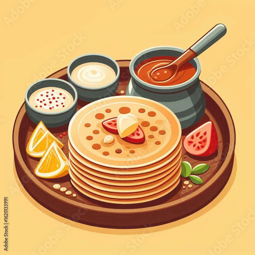 Pancakes stacked on a wooden tray adorned with fruits alongside three bowls with various sauces or toppings