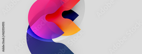 Abstract colorful shapes overlap, creating dynamic composition. Gradient hues blend, forming fluid design against light background.