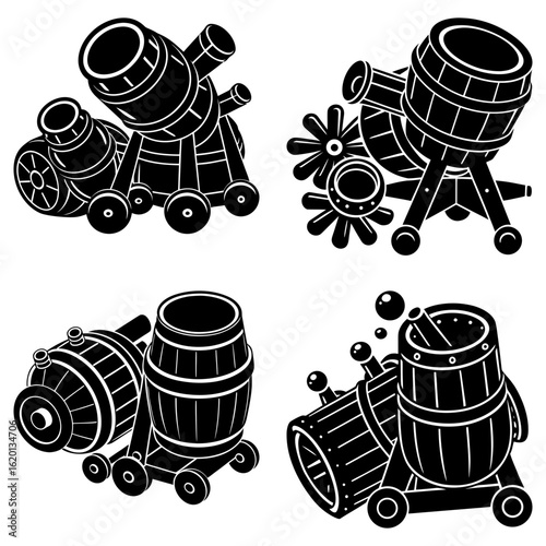 Four black and white cartoon drawings of barrel cannons on wheeled platforms with varying designs shown