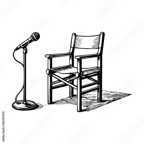 chair and microphone for stand up comedy sketch engraving black and white outline. Scratch board imitation.