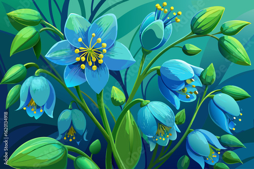 vector of Close-up of delicate blue-green flowers with visible stamens and seed pods, against a blurred background of the same color.