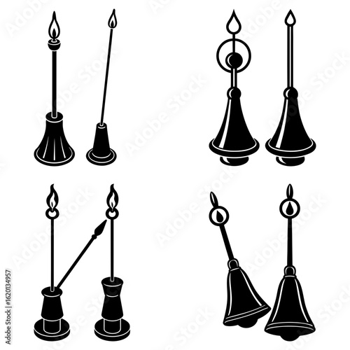 Illustration showing four sets of candle holders with lit candles in a black and white design style