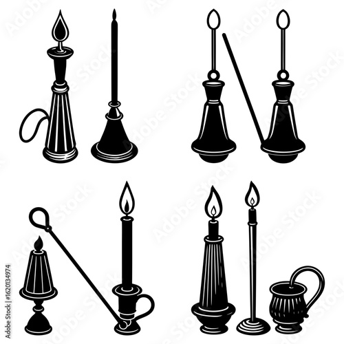 Collection of various black and white candle holders and candles with flames in different styles