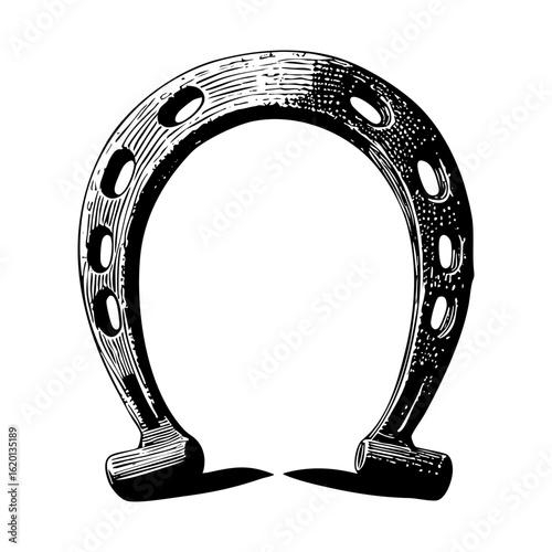 Horseshoe sketch engraving black and white outline. Scratch board imitation.  illustrated in vintage line art style on a white background.