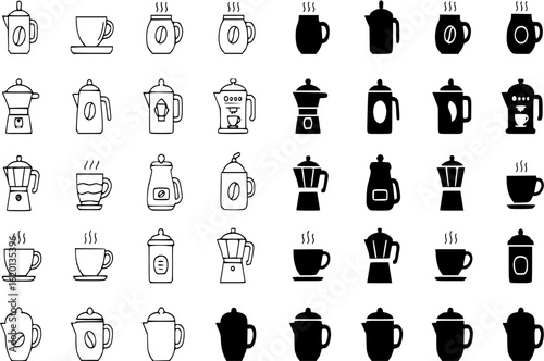 Coffee icon collection - vector outline illustration and silhouette
