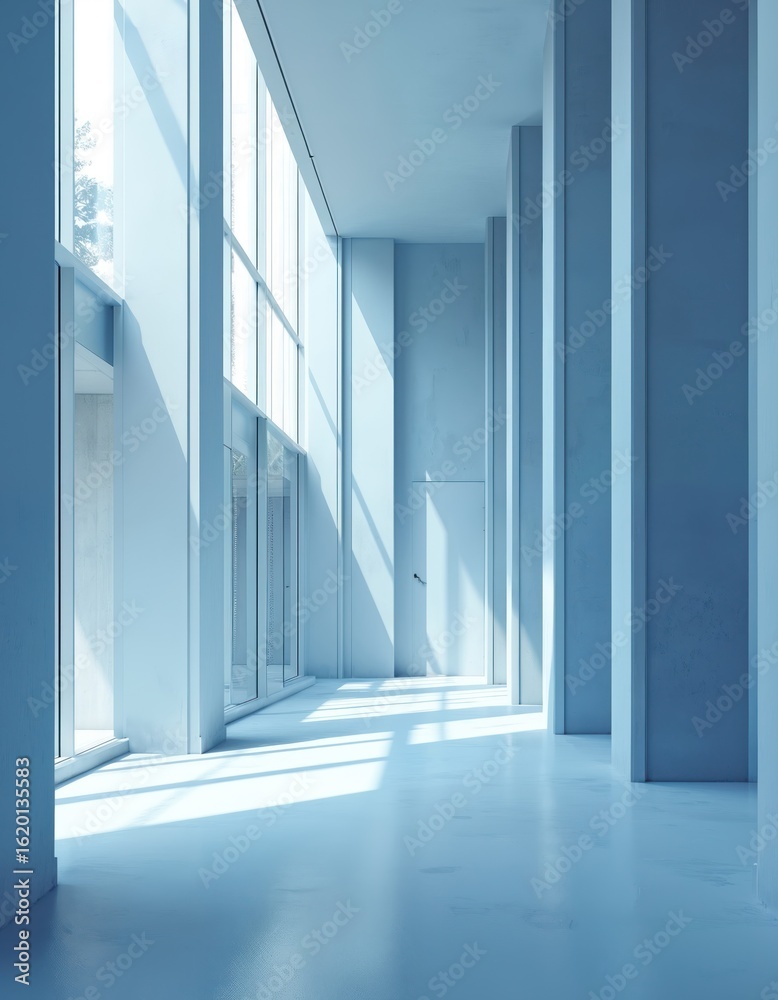 Fototapeta premium Sunlight streams through modern architectural hallway, illuminating geometric patterns, clean lines. Spacious interior features large windows, pillars, creating minimalist, bright ambiance with blue