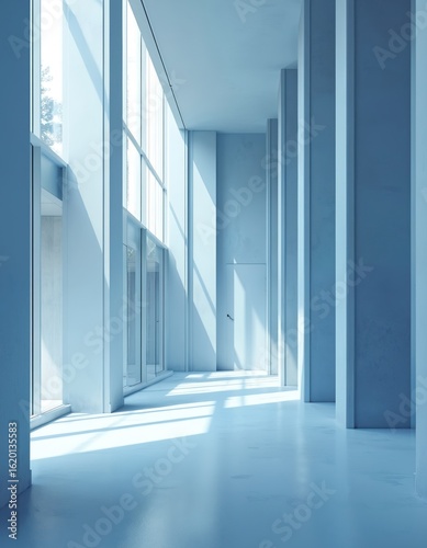 Sunlight streams through modern architectural hallway, illuminating geometric patterns, clean lines. Spacious interior features large windows, pillars, creating minimalist, bright ambiance with blue
