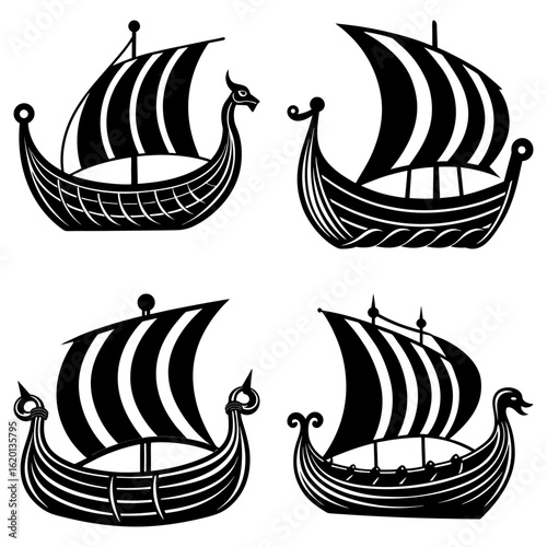 Four black and white illustrations of viking ships with striped sails and decorative prows on a white background
