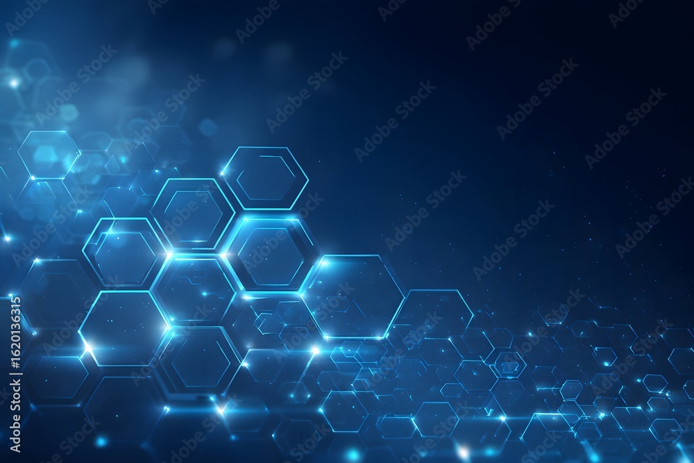 Fototapeta premium Blue technology background with hexagons and lights, a vector illustration of digital elements for a business presentation or corporate banner design. 