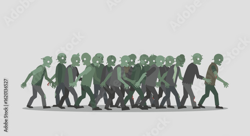 Group of cartoon zombies walking in a line on gray background Concept of Halloween  