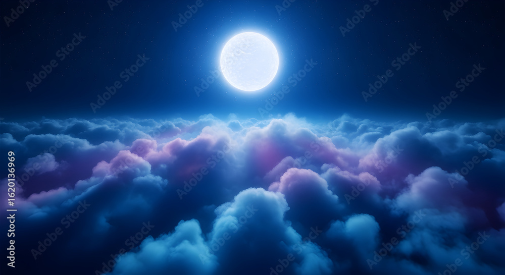 Fototapeta premium Dreamy Celestial Sphere Illuminating a Vibrant Sea of Ethereal Clouds at Night, Creating a Mystical and Cosmic Landscape