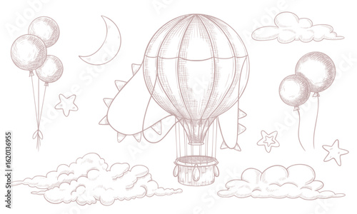 Vector illustration of hot air Balloon, clouds, crescent moon and stars in pastel pink colors. Linear drawing of vintage aircraft for Baby shower greeting cards or newborn party invitations.