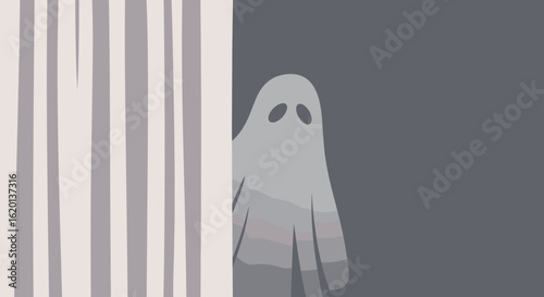 Ghost peeking behind curtain in a dark, minimalist setting - Concept of Halloween  