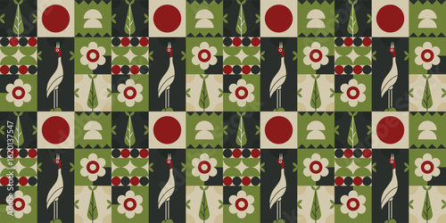 Ornate Geometric Crane and Floral Motif