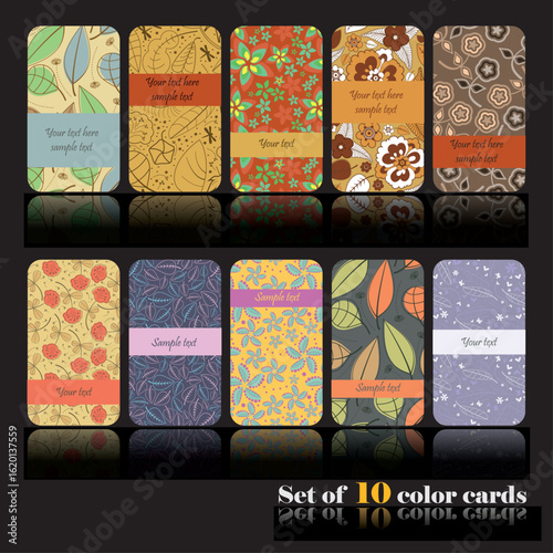 Set of 10 colorful vector cards with floral and abstract patterns. Editable text areas, vibrant decorative backgrounds ideal for invitations, packaging, or branding design.