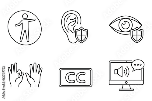 Accessibility Icons Set Auditory Visual Speech Physical Sign Language Protection CC Vector Illustration