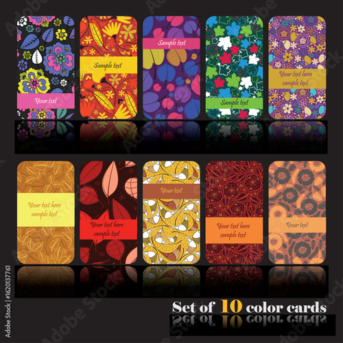 Set of 10 colorful vector cards with floral and abstract patterns. Editable text areas, vibrant decorative backgrounds ideal for invitations, packaging, or branding design.
