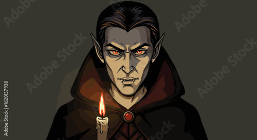 Male vampire with candlelight glow in dark, Halloween concept  