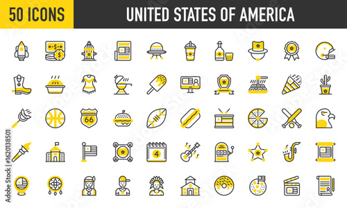 50 United States of America icons. Such as Location, Eagle, Church, Dream Catcher, Woman, Rapper, Man, Doughnut, Moon, Clapperboard, Spaceship, Dollar vector stroke illustration.	
