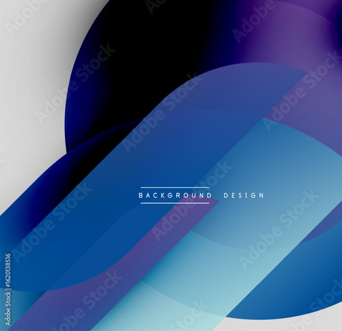 Abstract background features overlapping blue, purple shapes. Gradient colors create modern visual effect. Minimalist design.
