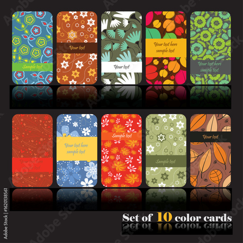 Set of 10 colorful vector cards with floral and abstract patterns. Editable text areas, vibrant decorative backgrounds ideal for invitations, packaging, or branding design.