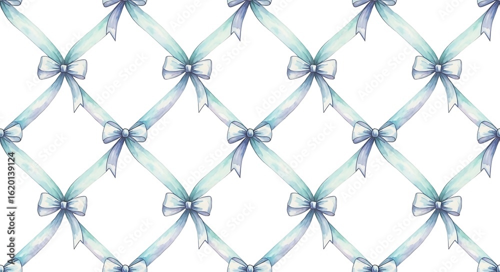 Fototapeta premium Elegant light blue watercolor ribbon bows seamless pattern for festive occasions and decorative design projects with a gentle touch