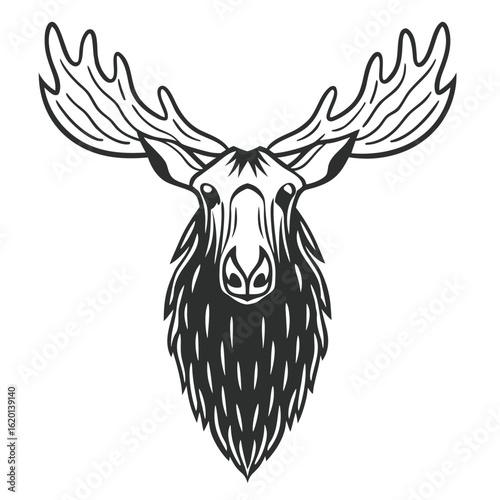 Woodcut style black and white moose head with antlers and beard in symmetrical vector illustration.