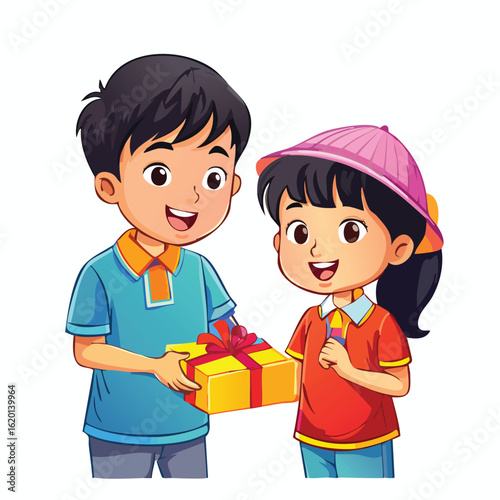 Cartoon illustration of a smiling boy giving a gift to a happy girl wearing a pink hat on a white background.