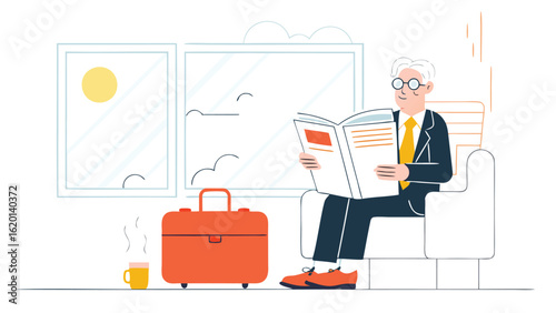 Man reading a book in a waiting room with a suitcase and a coffee cup near a window view of the sky